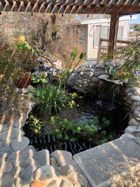 A round pond edged in river rock under a pergola